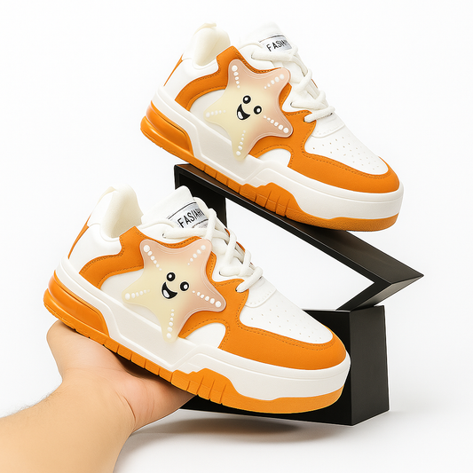 Women’s Fashion Sneakers – Orange & White with Star Design