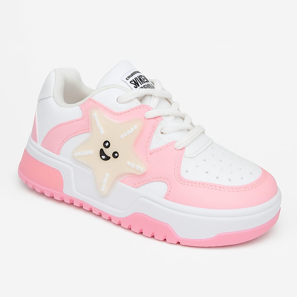 Women’s Fashion Sneakers – Pink & White with Star Design