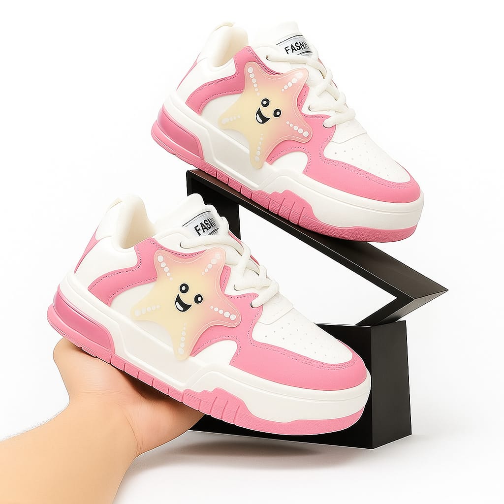 Women’s Fashion Sneakers – Pink & White with Star Design