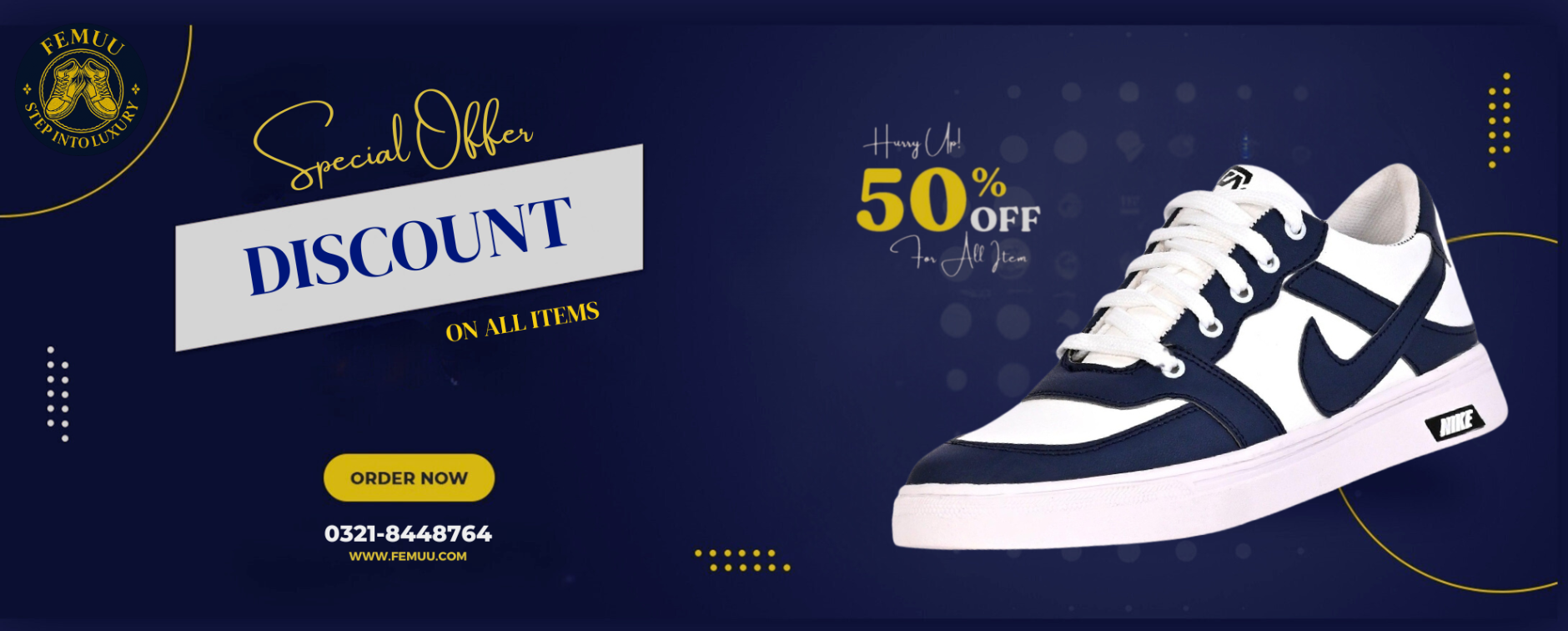 Promotional banner with a black and white sneaker, discount text, and contact information on a dark blue background.